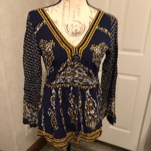 Suzanne betro weekend navy & mustard blouse M